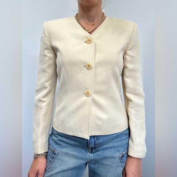 Vintage Ann Taylor Cream Linen Blend Button Front Collarless Blazer Size 2P - Picture 1 of 9